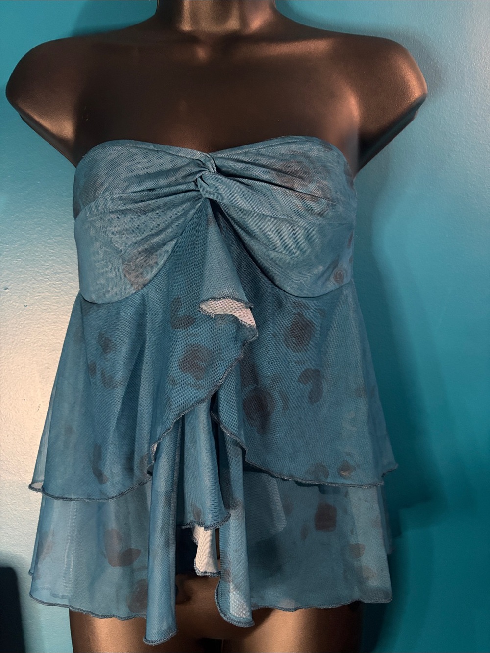 SHEIN Teal Strapless Knot-Front Tiered Ruffle Dress